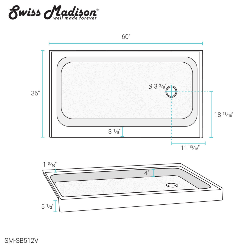 Voltaire 48"x36" Acrylic White, Single-Threshold, Center Drain, Shower Base, 60"