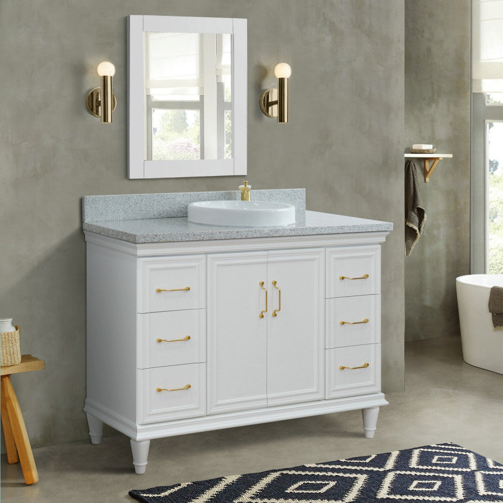 49" Single Sink Vanity, White Finish With Gray Granite and Round Sink