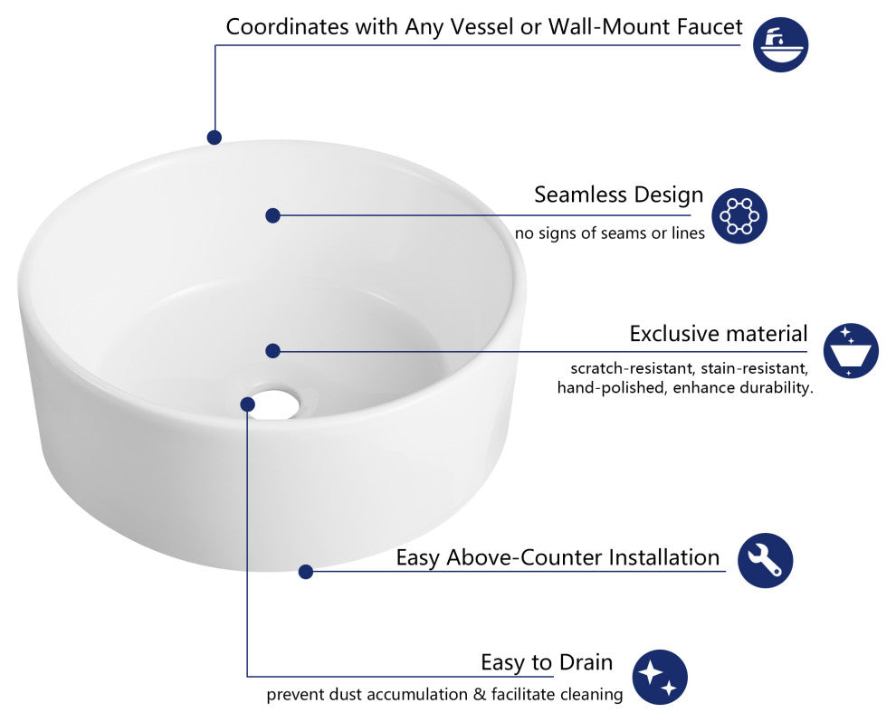 White Circular Bowl Bathroom Vessel Sink and Modern Above Counter Ceramic Sink