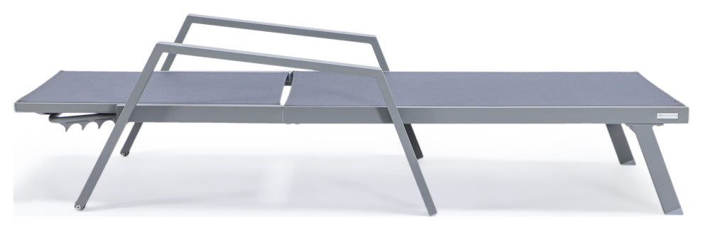 LeisureMod Marlin Chaise Lounge Set With Arms and Fire Pit Table, Dark Gray