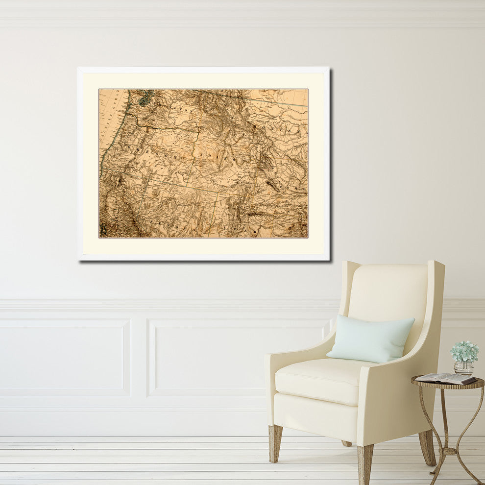 US Pacific Northwest Old Map Print On Canvas With Frame Art Collection 16" X 21"