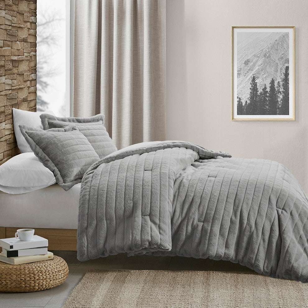 Madison Park Amara Striped Faux Fur Plush Comforter Mini Set, Grey, Grey, King/C