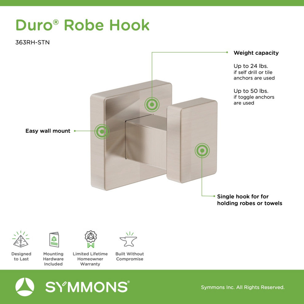 Duro Wall Mounted Bathroom Robe Hook, Satin Nickel