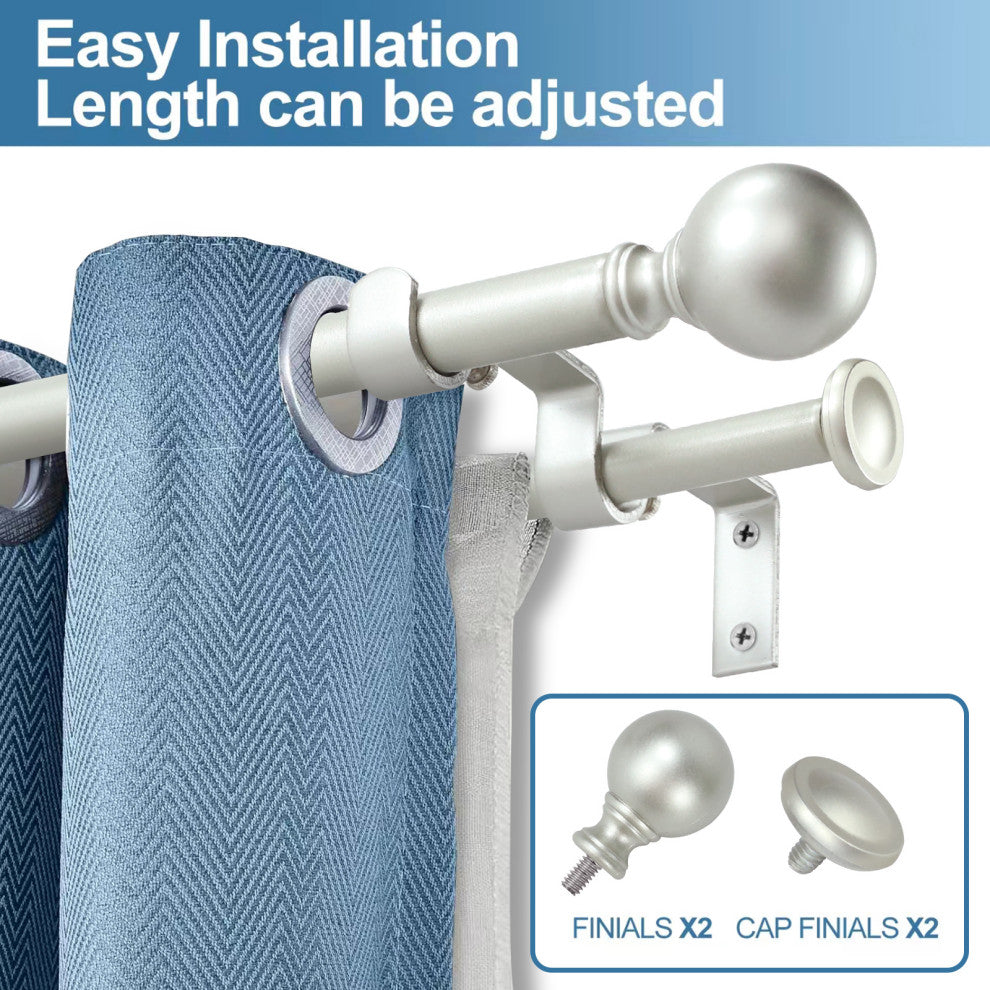 Ball Adjustable Double Curtain Rod Set, 5/8", Pewter, 28"-48"