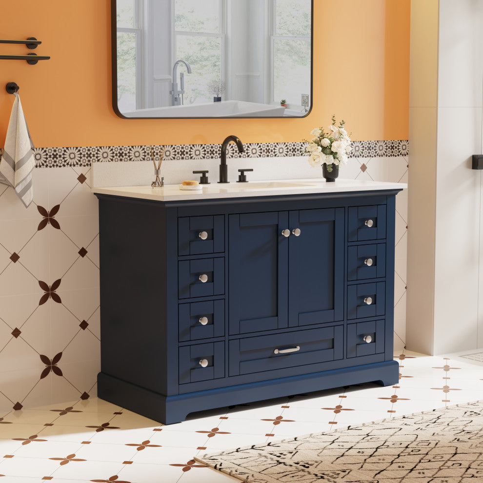 48" Freestanding Bathroom Vanity with White Cultured Marble Top in White