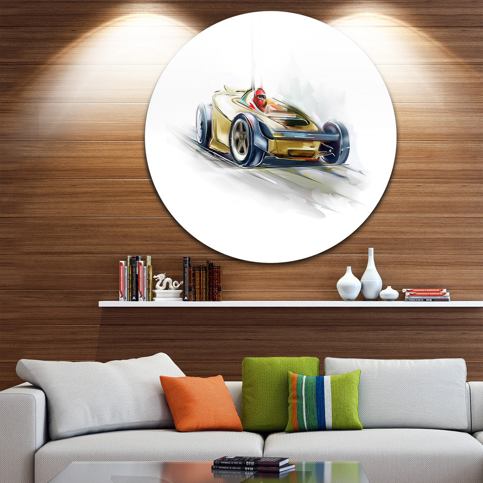Yellow Formula One Car, Digital Art Car Large Disc Metal Wall Art, 23"