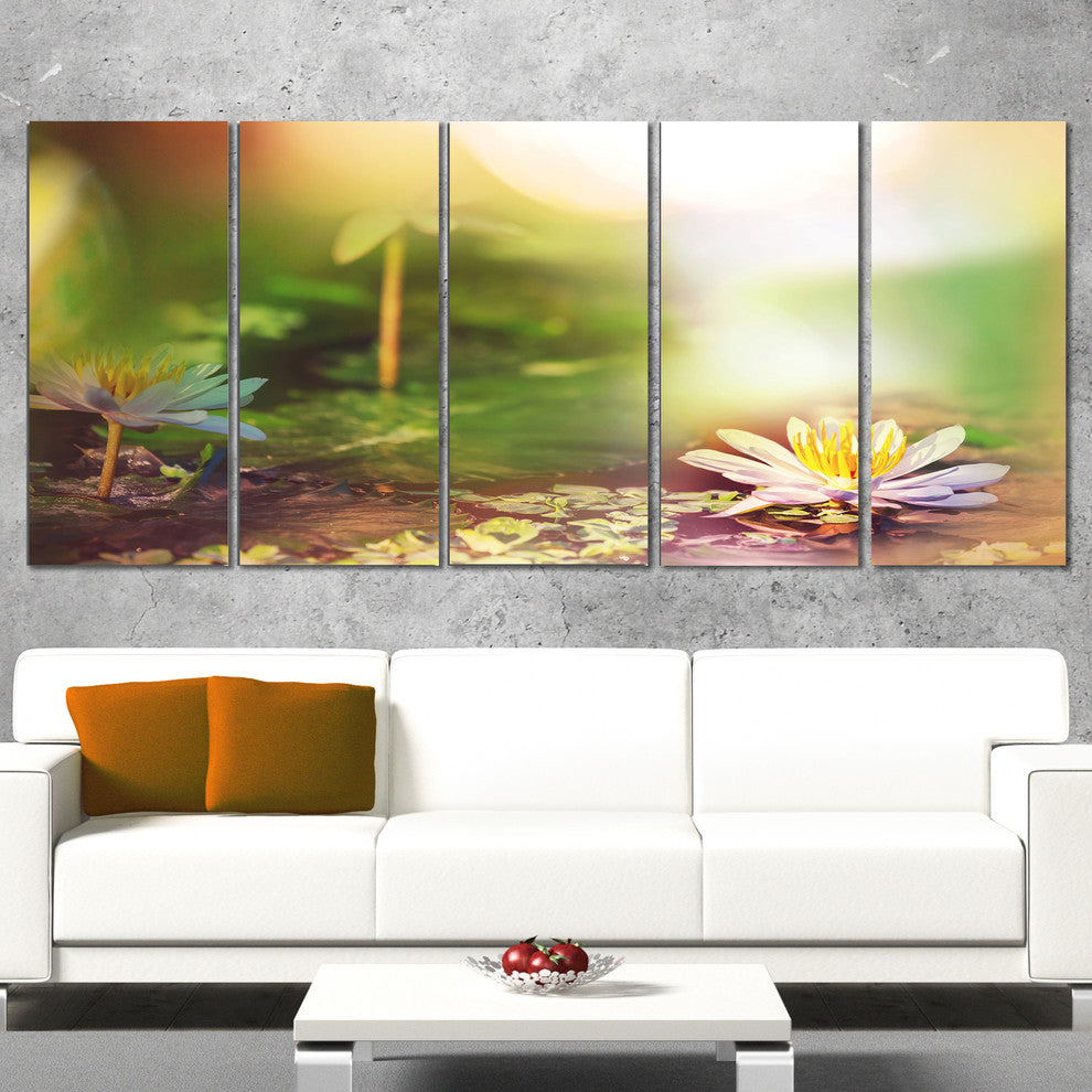 Lotus Flowers on Green Background, Large Flower Canvas Print, 60"x28", 5 Panels