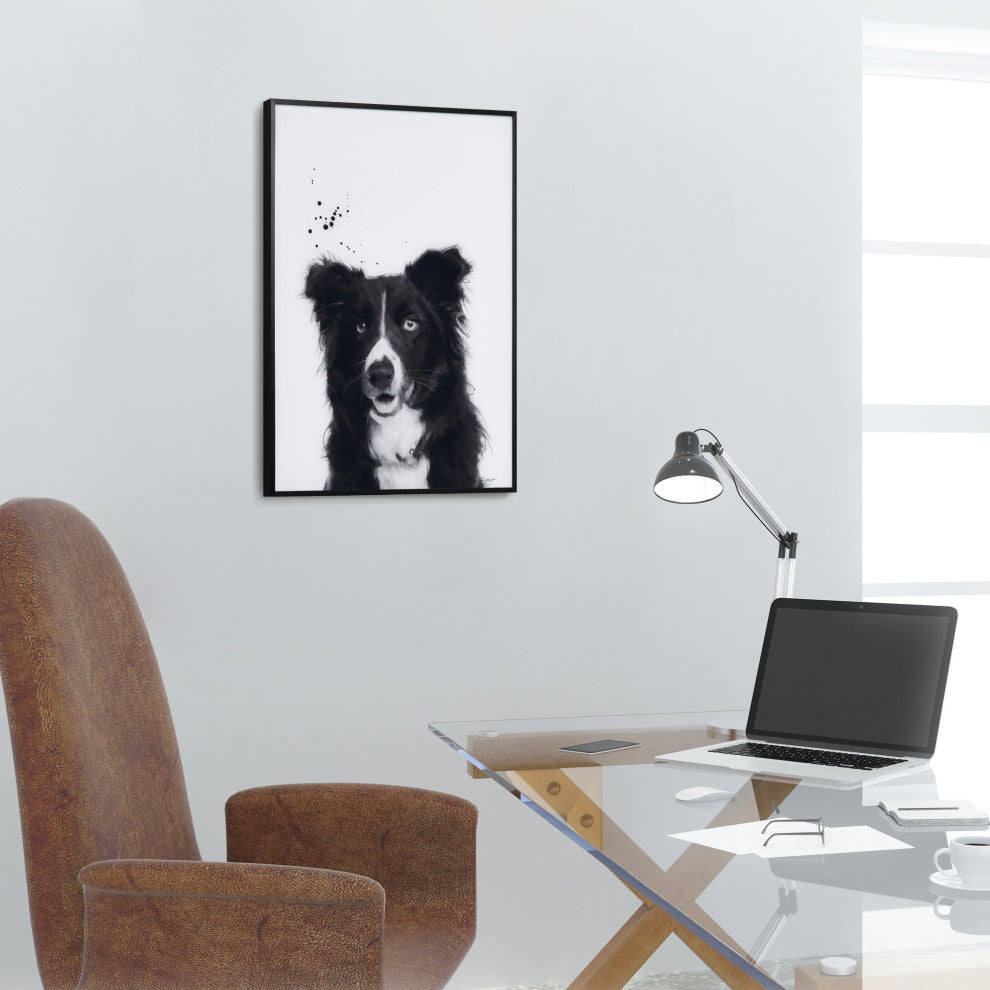 "Border Collie" Black and White Pet Art on Printed Glass with Anodized Frame