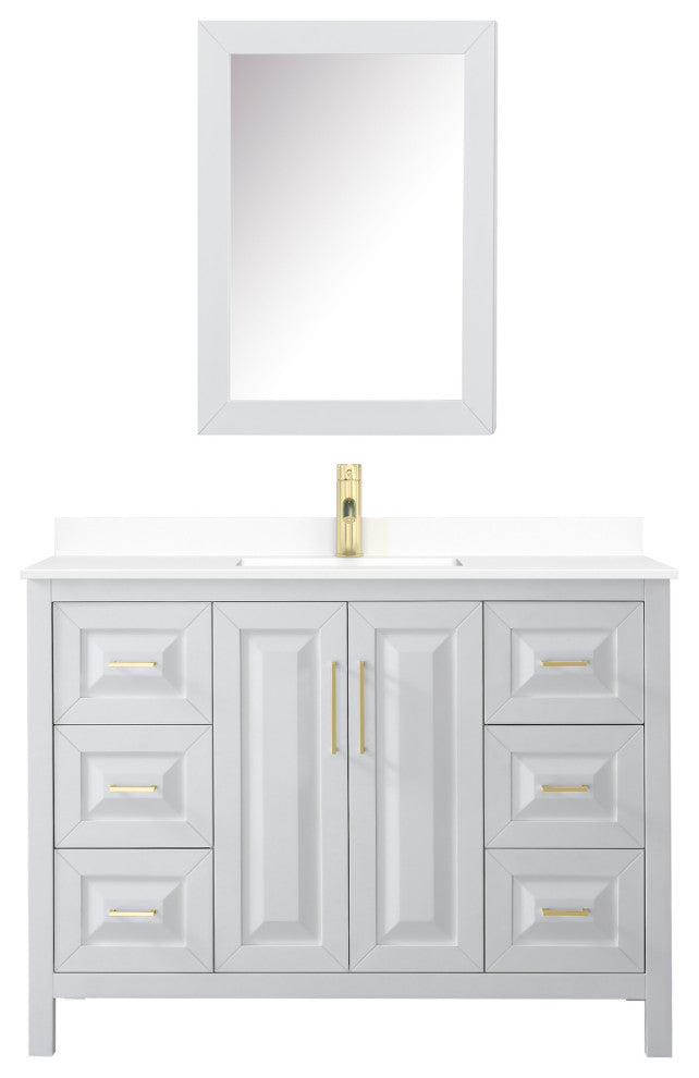 48"SGL Vanity White, White Cult. Marble Countertop, Sink, Med.Cabinet, Gold Trim