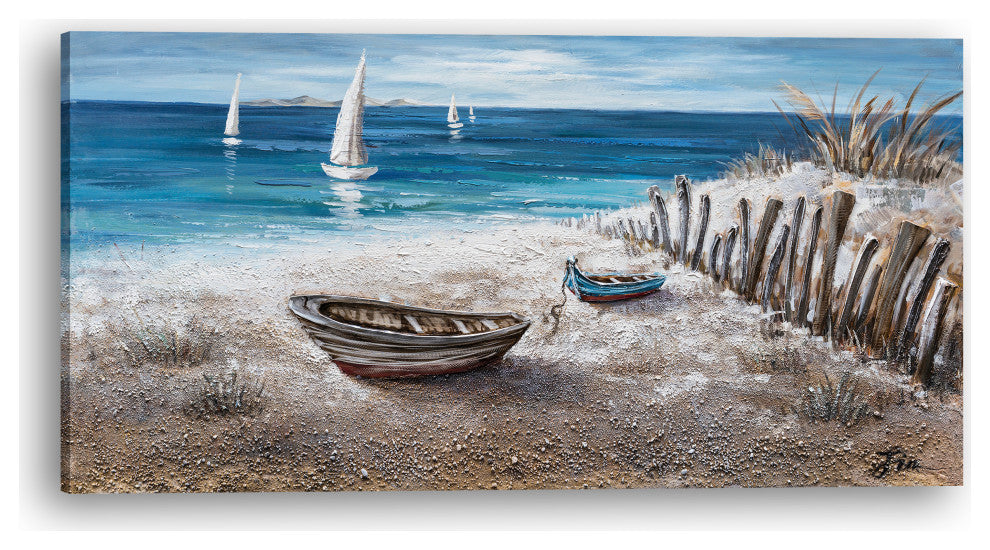 "Boats on the Sand" Hand Painted Canvas Art, 55"x27.5"