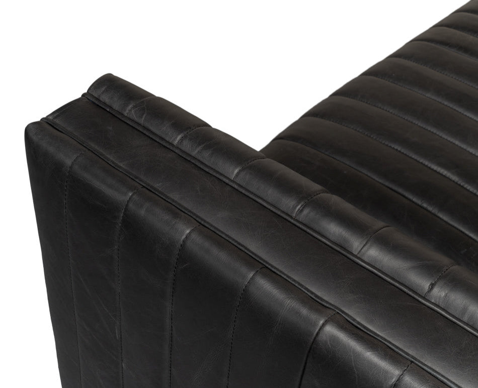 Everett Sofa Modern Channel Tufted Black Leather Couch