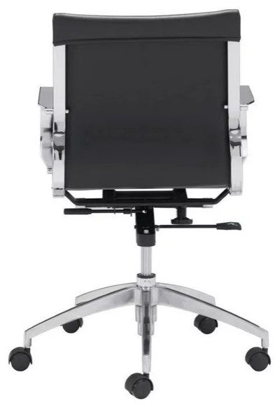Modern Office Chair, Chrome Frame With Rounded Arms & Faux Leather Seat, Black