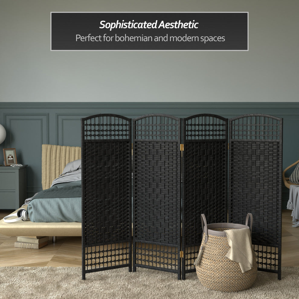 4' Tall Fiber Weave Room Divider, Black, 4 Panels