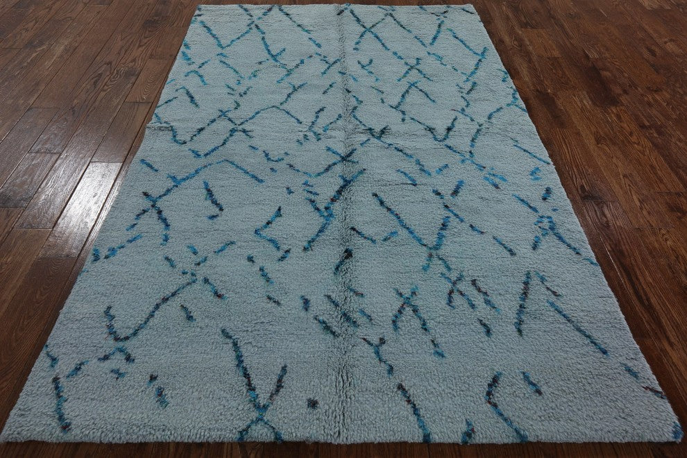 Modern Oriental Light Blue Moroccan Hand-Knotted Wool Rug, 5'x8'