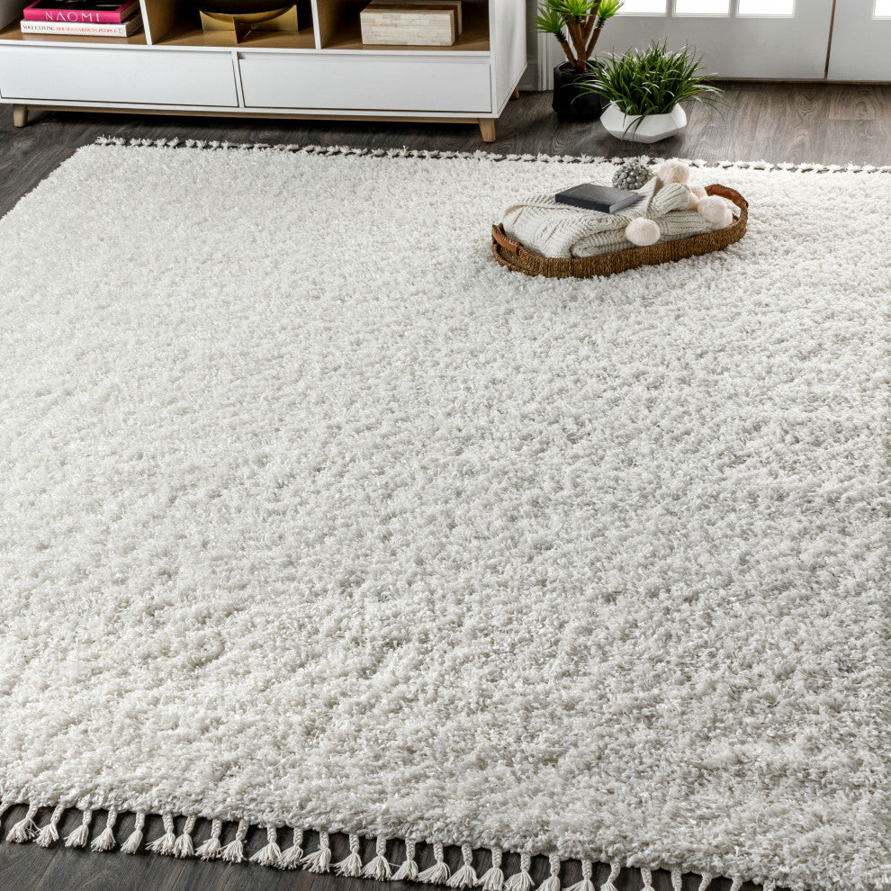 Mercer Shag Plush Tassel Area Rug, White, 5 X 8