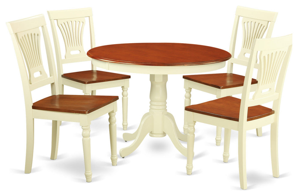 5 Pc Set, Round Small Table, 4 Leather Kitchen Chairs In Buttermilk, Cherry .