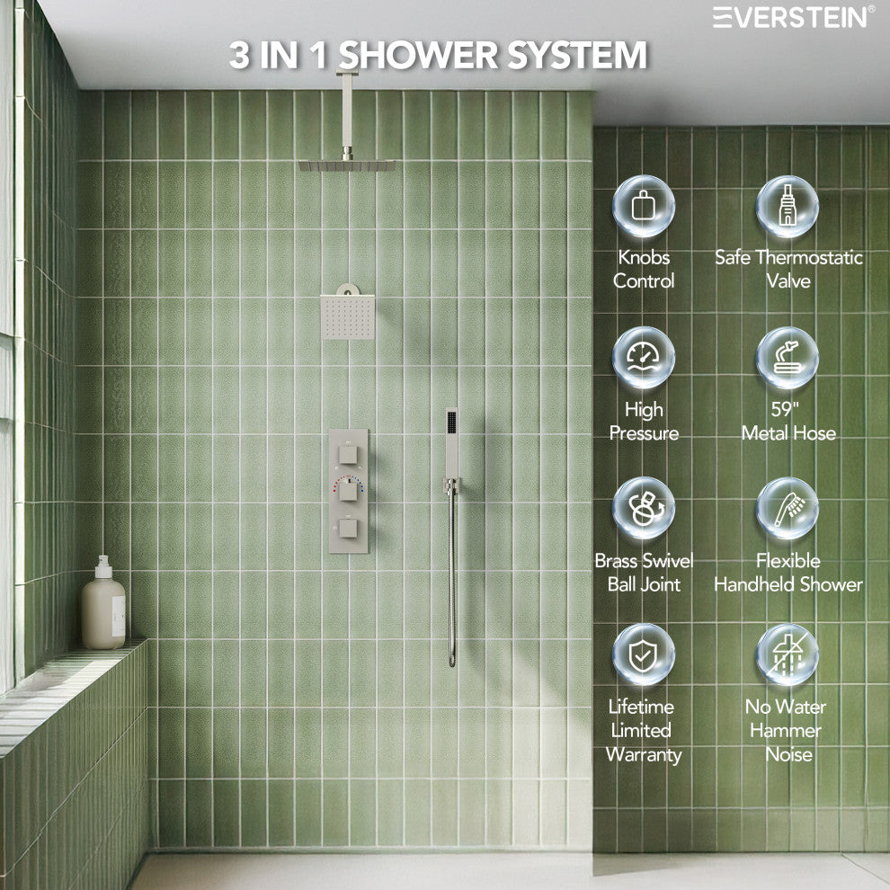 12" and 6" Dual Shower Heads With Themostatic Rough in-Valve, Brushed Nickel