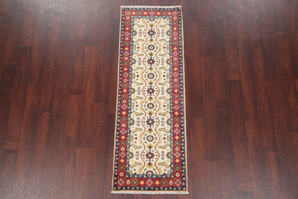 Pakistani Traditional Hand-Knotted Kazak Oriental Runner Rug, Beige, 6'0"X2'1"