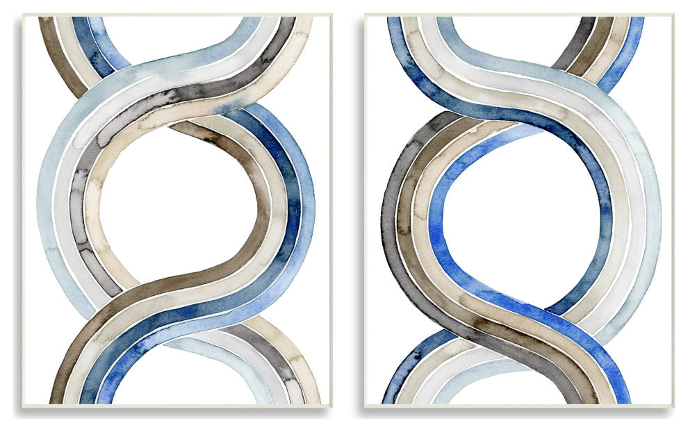 Two Dimensional Spiral Helix Brown Blue Abstract Lines,2pc, each 10 x 15