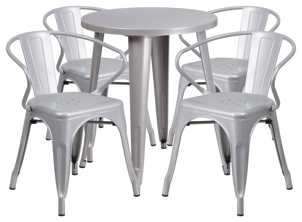 24" Round Silver Metal Indoor-Outdoor 5-Piece Table Set With 4 Arm Chairs
