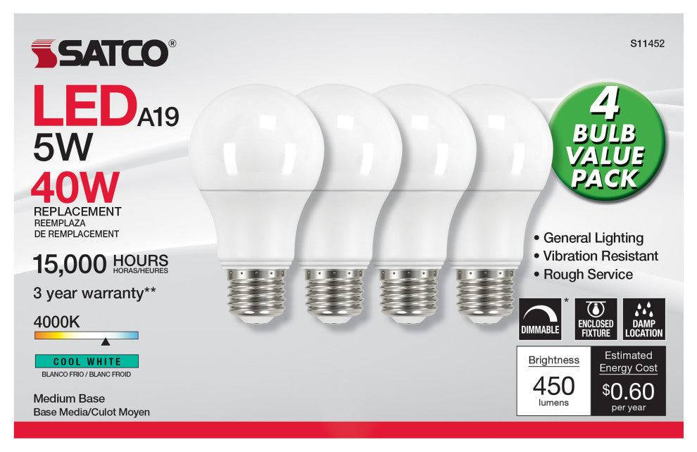 5W A19 LED, 4000K, Dimmable, Medium Base, 230 deg. Beam Angle, 4-Pack