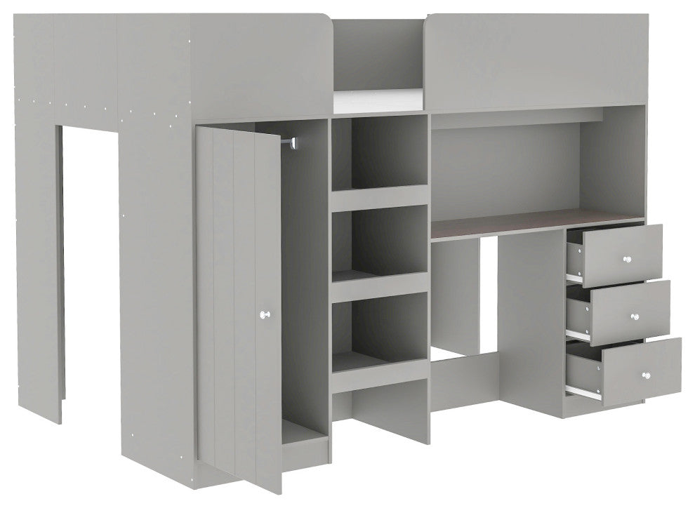 Gewnee Wood Full Size Loft Bed with Built-in Wardrobe