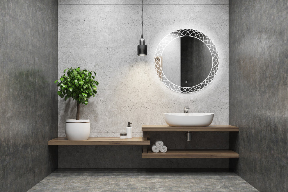 24" Frost, LED Lighted Round Mirror With Dimmer, Defogger, Touch Control.