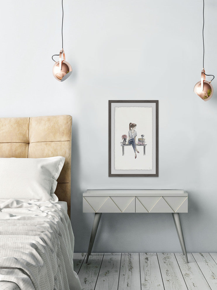 "Pretty Girl Sitting on a Bench" Framed Painting Print, 16"x24"