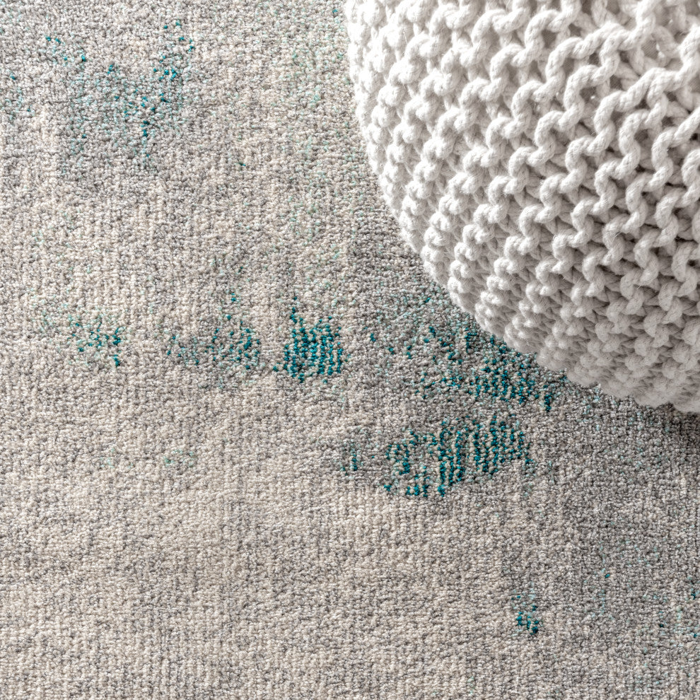 Contemporary POP Modern Abstract Vintage Area Rug, Cream and Blue, 3x5 Oval