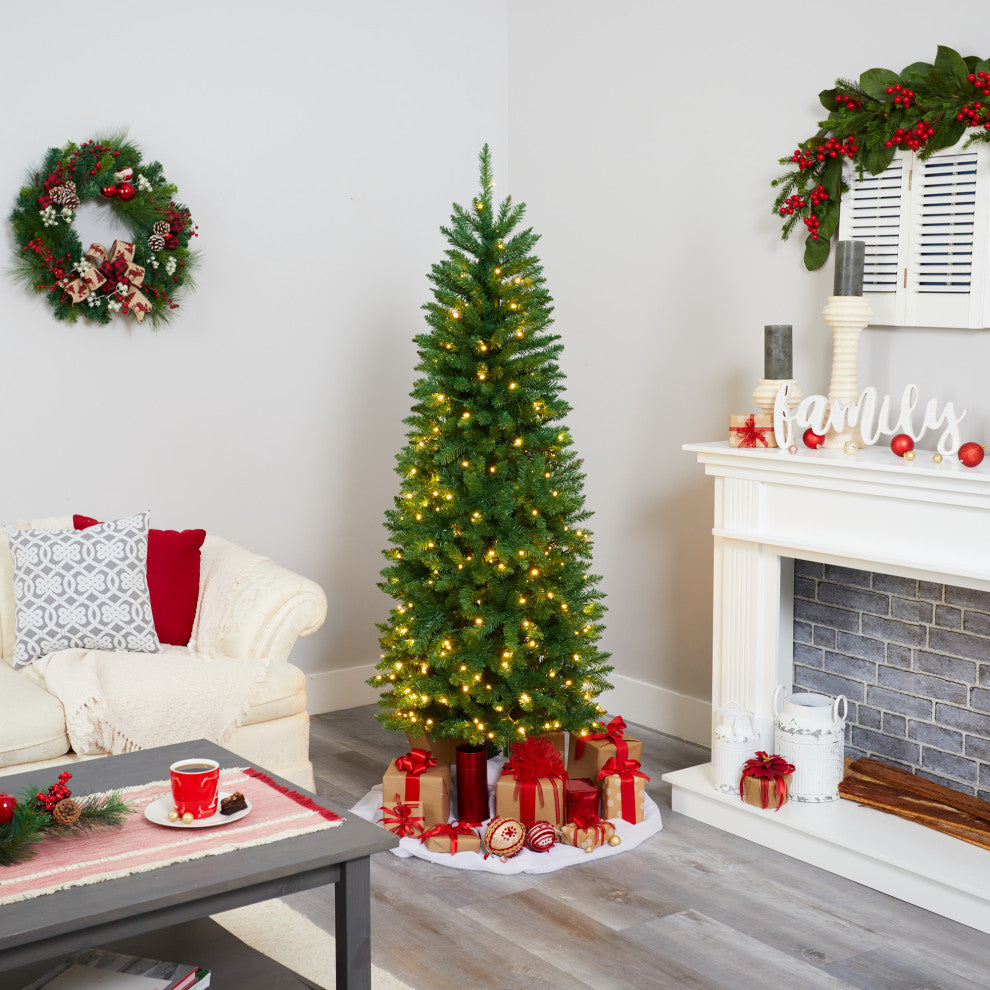 6ï¿½ Slim Green Mountain Pine Artificial Christmas Tree / 250 Clear LED Lights