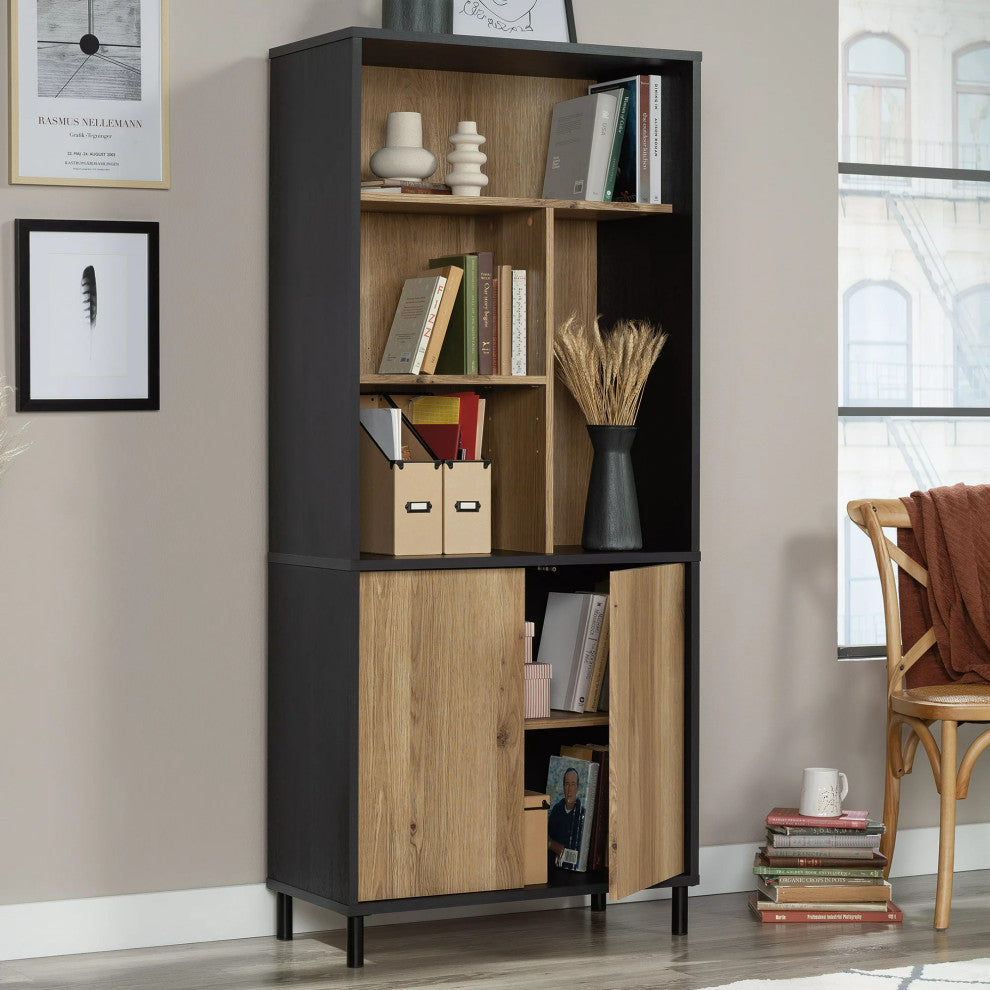 Tall Bookcase, 5 Open Compartments & Lower Storage Cabinet, Raven Oak/Timber Oak