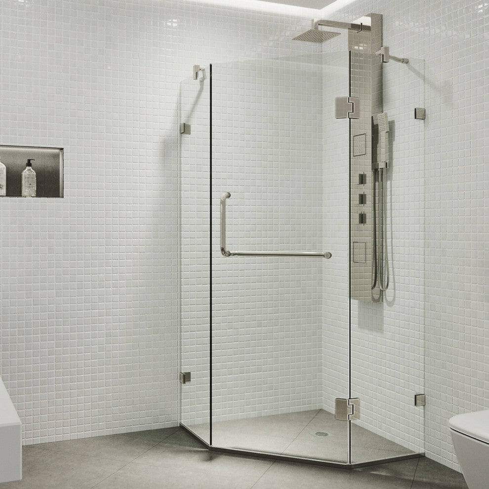 VIGO Piedmont Frameless Hinged Neo-Angle Shower Enclosure, Brushed Nickel, 36" D X 36" W, Without Base