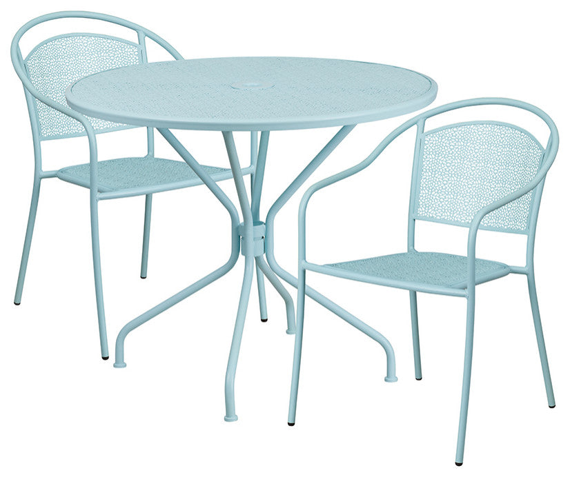35.25'' Round Indoor-Outdoor Steel Patio Table and 2 Round Back Chairs, Blue
