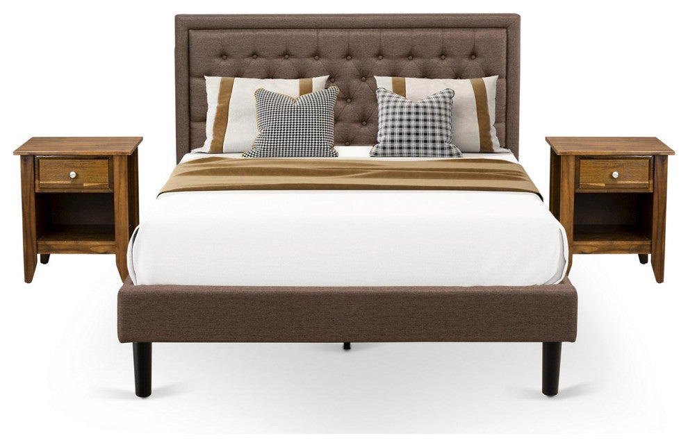 3Pc Bed Set, 1 Queen Bed Frame Brown, 2 Small Night Stands