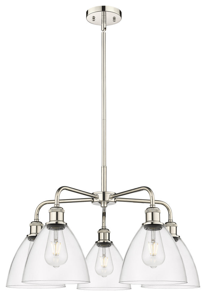 Bristol Glass 5-Light 26" Stem Chandelier, Polished Nickel Finish, Clear Shade