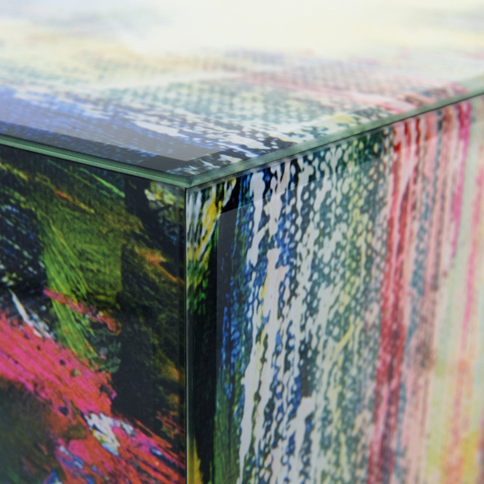 "Graffiti Rock Star II" Reverse Printed Glass Side Table with Black Plinth Base