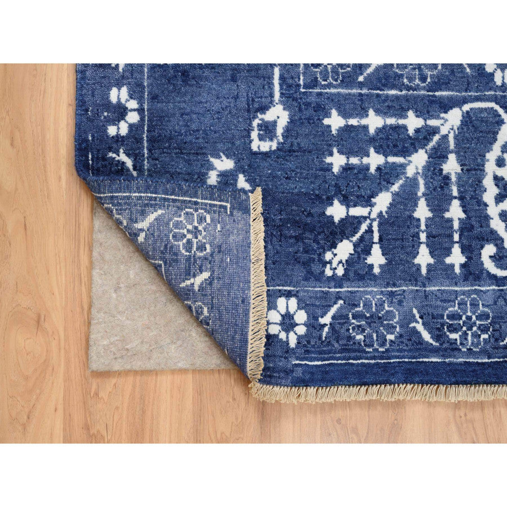 Tone On Tone Tabriz Hand Knotted Wool and Silk Blue Oriental Rug, 6'0" x 8'10"