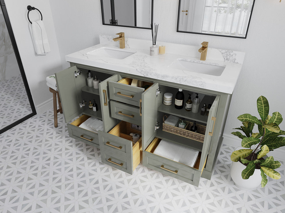 Boston 60 Double Bathroom Vanity in Evergreen 2" Venatino Quartz