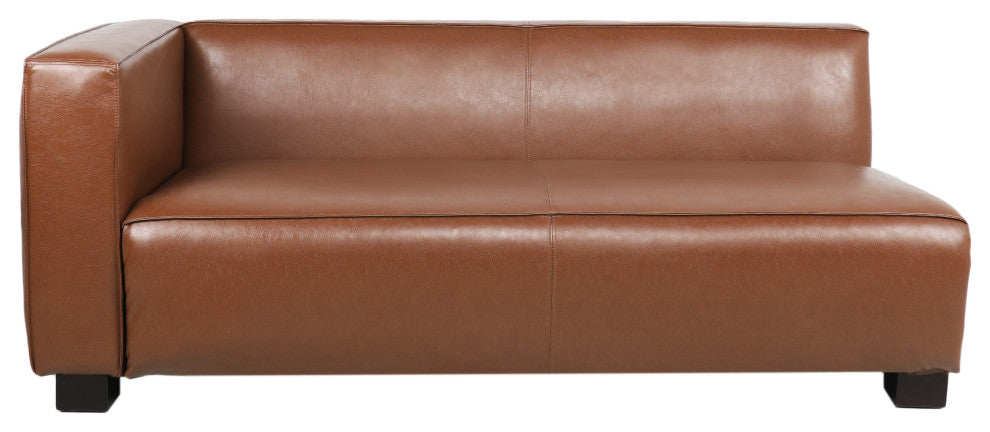 Minkler Contemporary Faux Leather 3 Seater Sofa With Chaise Lounge, Cognac/Dark Walnut