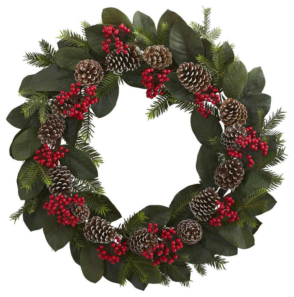 30" Magnolia Leaf, Berry, Pine and Pine Cone Artificial Wreath