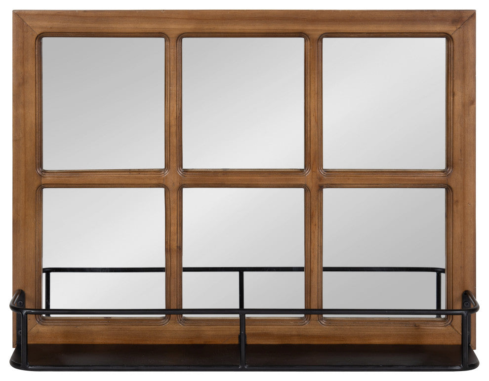Jackson Wood Windowpane Mirror With Metal Shelf, Brown/Black, 24"x18"