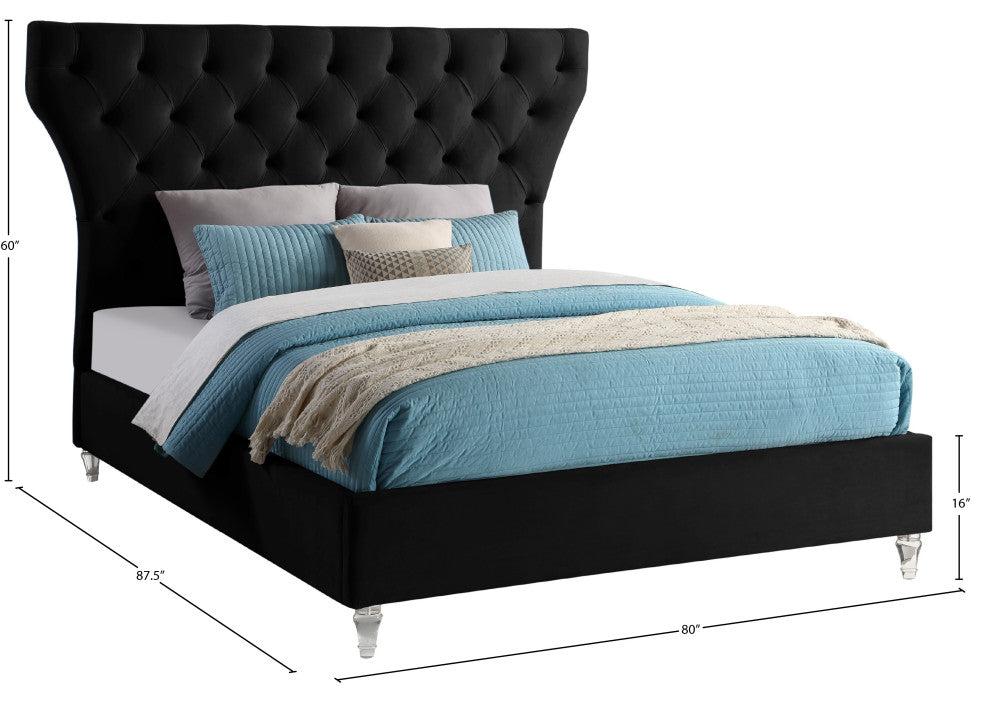 Kira Velvet Upholstered Bed, Black, Queen