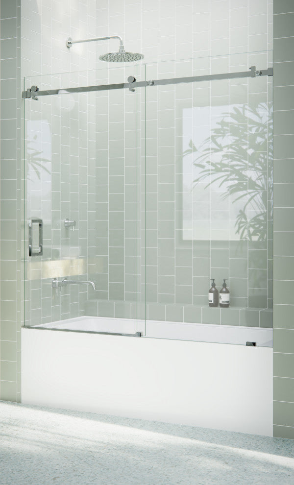 56-60"x60-Frameless Bath Tub Sliding Shower Door Square Hardware, Polished Chrome