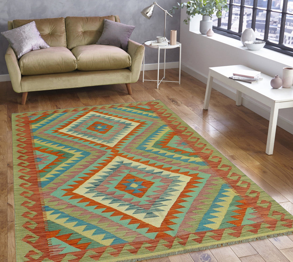 Sangat Flatweave Boran Brown/Lt. Green Rug, 4'0 x 6'0