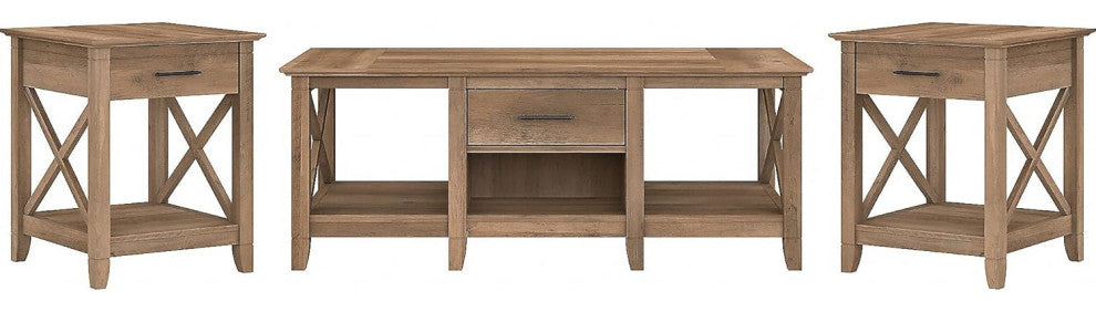Farmhouse Coffee Table Set With X-Side Detail and Built-In Storage, Reclaimed Pine