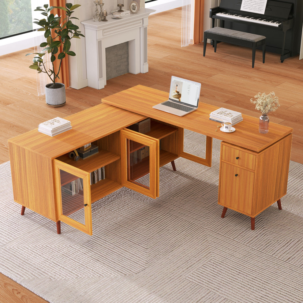 Modern L-shaped Executive Desk, Delicate Tempered Glass Cabinet Storage, Teak