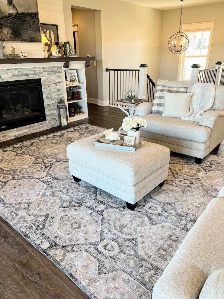 Hauteloom Parkerfield Blue Area Rug, Beige/Black/Charcoal, 5'3"x7'3"