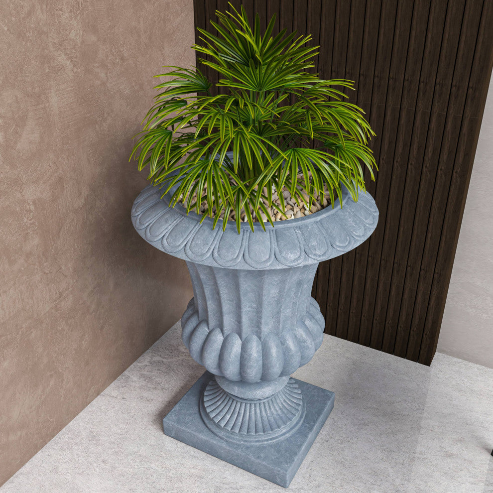 Lotus Urn Planter, Fiberglass and Clay With Drainage Holes, Aged Concrete