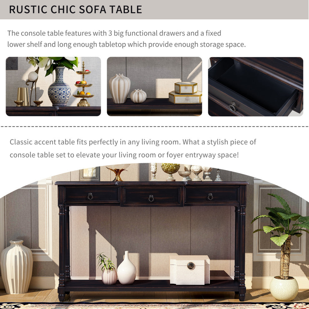 TATEUS 51inch Rustic Chic Console Table With Drawers for Living Room, Espresso