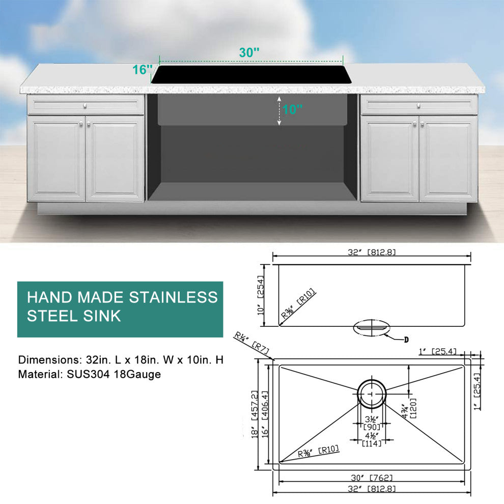 32" L X 18" W Undermount Kitchen Sink With Sink Grid